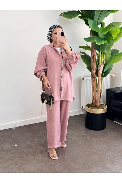 ASEL FASHİON Pink Cotton Linen Set - Beaded and Cuffed