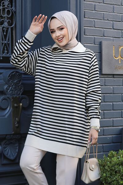 Neva Style Μαύρο ριγέ Hijab Tunic - 65904S