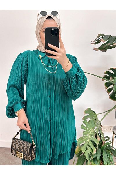 ASEL FASHİON Pleated Satin Set Green