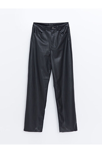 LC Waikiki Black Dar Fit Leather-Look Women's Trousers
