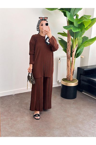 ASEL FASHİON Bitter Brown Pleated Sandy Set of Two
