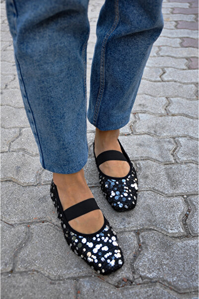 SİBA SHOES Lumiere Gümüş Payet Detaylı Kadın Babet Ayakkabı