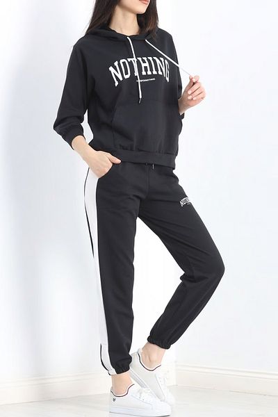 Prestij İç Giyim Women's Black Hooded Elastic White Stripe Two Yarn Basic Pajamas & Sweatpants Set