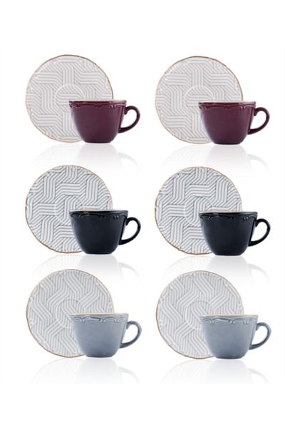 ACAR Striped Plain 6-Person Porcelain Tea Cup Set - 12 Pieces