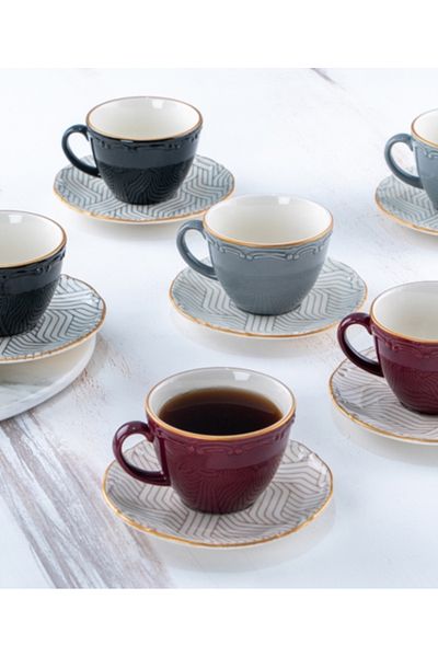 ACAR Striped Plain 6-Person Porcelain Tea Cup Set - 12 Pieces
