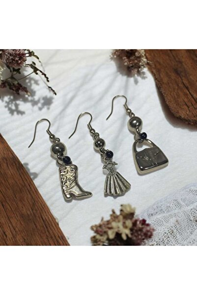 MandalinHome 3, lü küpe seti y2k çanta, ayakkabı,elbise figürlü gümüş rengi küpe seti