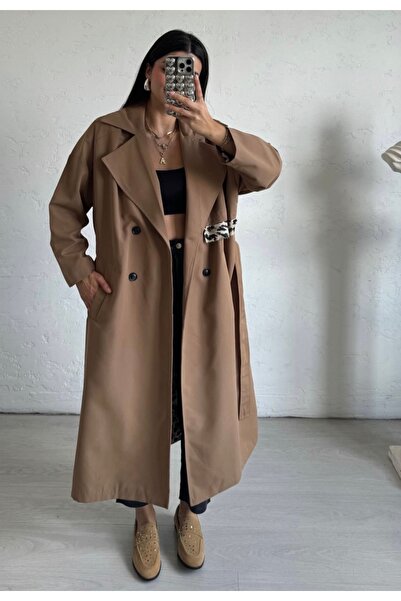 BERİ BUTİK Kadın Içi Leopar Astarlı Camel Trençkot