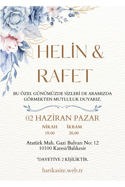 Ariella Mavi Beyaz Sulu Boya Çiçekli Zarif Dikey Düğün Davetiyesi (BASKI DAHİ...