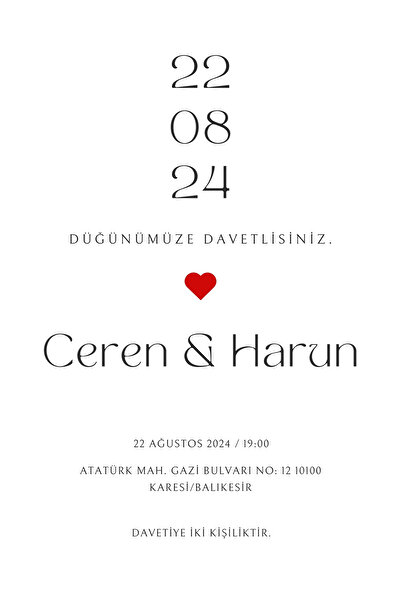 Ariella Siyah Beyaz Sade Nikah Düğün Davetiyesi Dikey (BASKI DAHİLDİR) 300 ADET