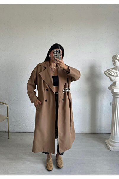 BERİ BUTİK Kadın Içi Leopar Astarlı Camel Trençkot