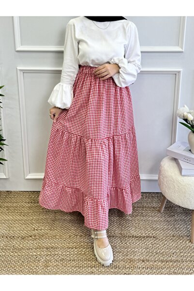 Moda Lippa Gingham Layered Red Skirt