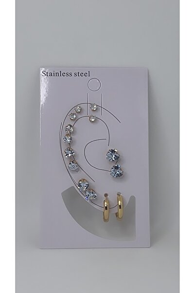 By Semra Paslanmaz Çelik 7 çift Zirkon  Kalp ve Halka Model Kıkırdak Küpe Seti