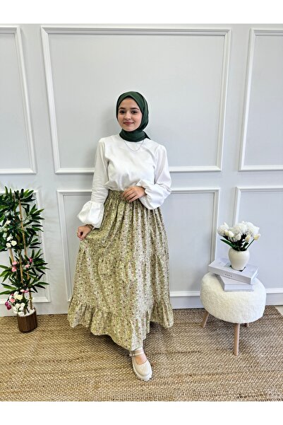 Moda Lippa Πράσινη φούστα με φλοράλ μοτίβο με στρώσεις φιστικιού