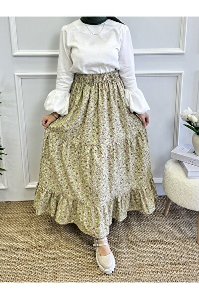 Moda Lippa Πράσινη φούστα με φλοράλ μοτίβο με στρώσεις φιστικιού