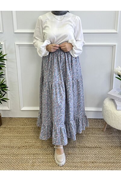 Moda Lippa Floral Patterned Layered Dark Blue Skirt