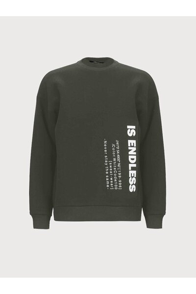 Ltb سويت شيرت أخضر فضفاض بأكمام طويلة وياقة دائرية مع شعار