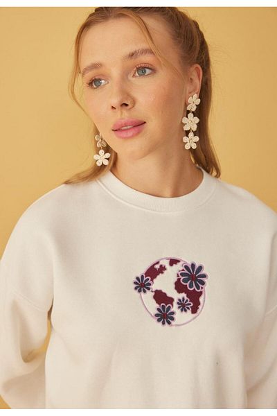 TUBİA Women's Purple Front Embroidered 3 Thread Raised Sweatshirt