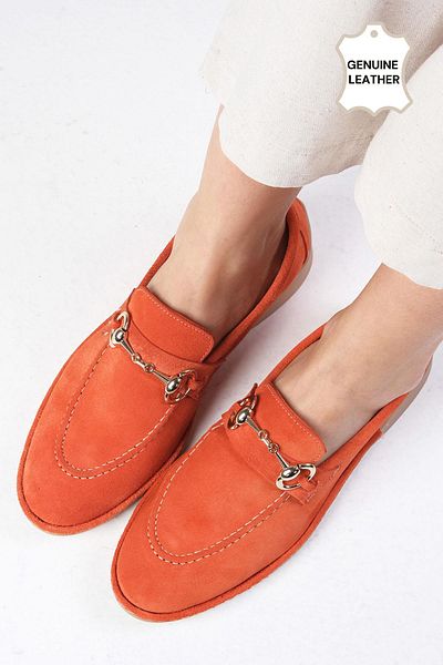Mio Gusto Claire Genuine Suede Orange Color Oval Toe Buckle Accessory Women's Loafer Shoes