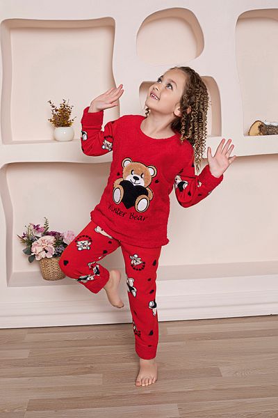 KAPİKİDS DOOR KİDS Long Sleeve Teddy Bear Red Color Girl's Fleece Pajama Set