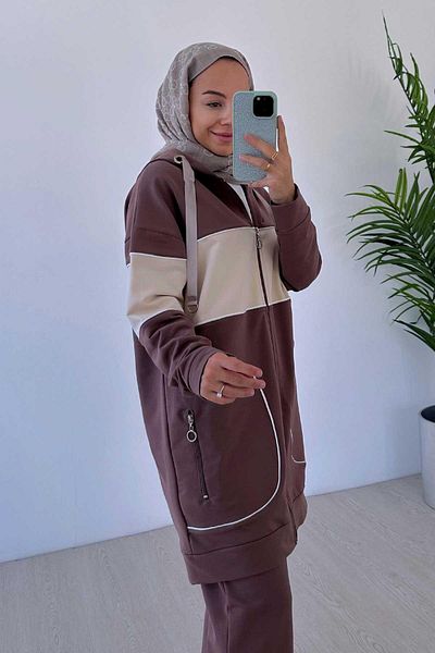Ka Hijab Line Hijab Hooded 2 Piece Set - Brown