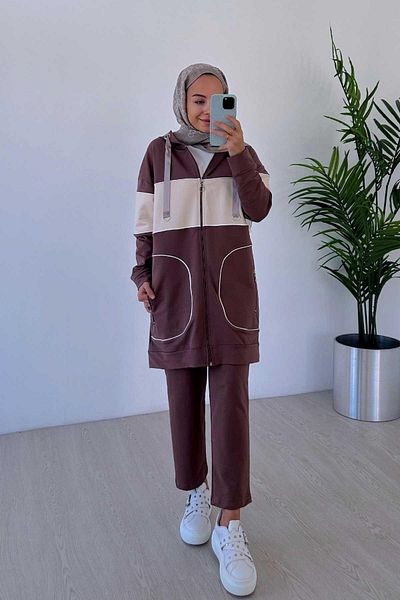 Ka Hijab Line Hijab Hooded 2 Piece Set - Brown