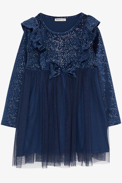 Breeze Rochie pentru fetiță din catifea cu fundă și tul cu sclipici Vârsta 4-8 ani, bleumarin