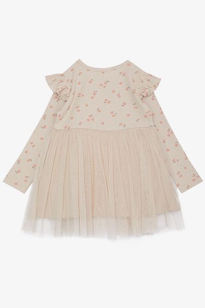 Breeze Girl's Long Sleeve Dress Floral Print Frilly Bow Age 3-7 Beige