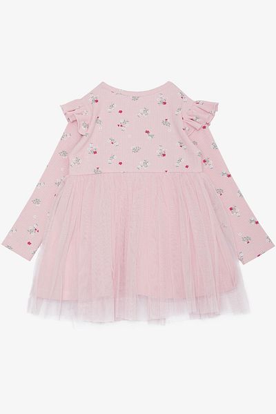 Breeze Girl's Long Sleeve Dress Floral Print Frilly Bow Age 3-7 Pink