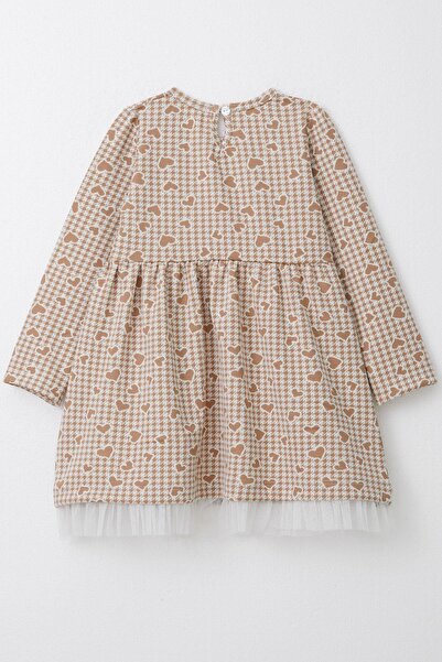 Breeze Μπεζ φόρεμα για κορίτσια - μακρυμάνικο, καρδιά και μοτίβο Houndstooth, 3-7 ετών