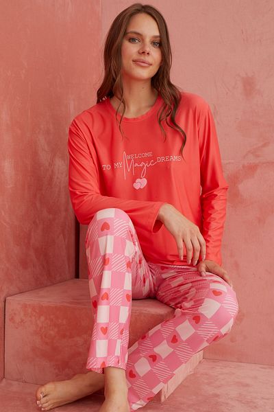 ELİTOL Set de pijamale tricotate cu mânecă lungă cu model în carouri cu flori de rodie