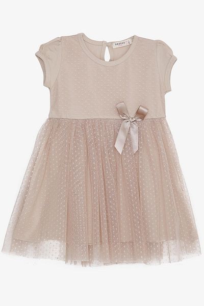 Breeze Girl's Dress with Bow Tulle, Age 3-8, Beige