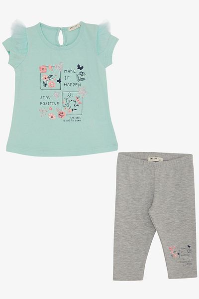 Breeze Water Green Floral Printed Capri Leggings - Tulle Shoulder Detail, 1.5-5 Years
