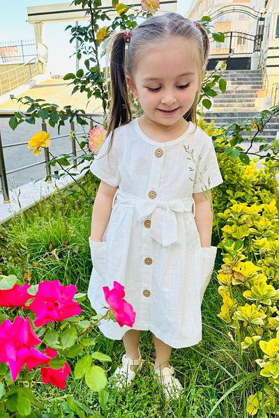 Breeze Girl's Linen Dress Buttoned with Side Pockets 1.5-5 Years, Ecru