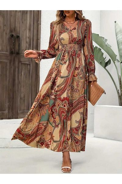 Kokosh moda Women's Ethnic Patterned Elastic Waist Long Single Jersey Fabric Dress