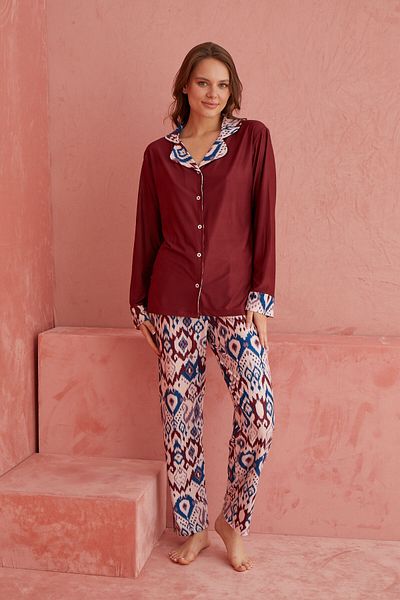 ELİTOL Set de pijamale tricotate cu mânecă lungă, cu nasturi în față, cu model geometric, bordeaux