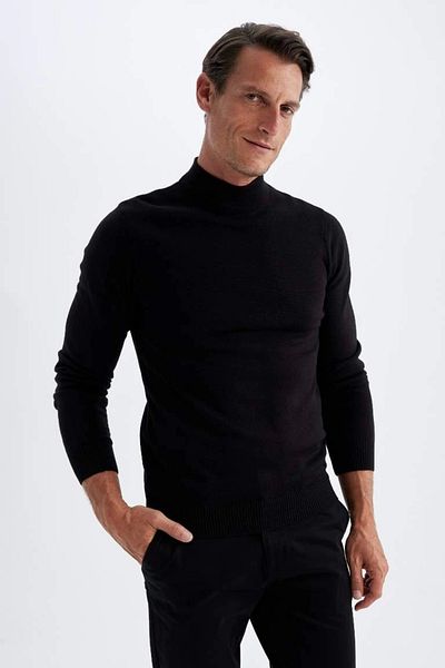 DeFacto Schwarzer Slim-Fit-Slim-Fit-Pullover mit halbem Rollkragen, Basic-Solid-Strickpullover R1127az24wn
