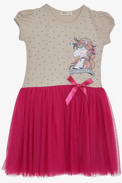Breeze Unicorn Printed Beige Girl's Dress - Tulle and Bow, Age 3-8