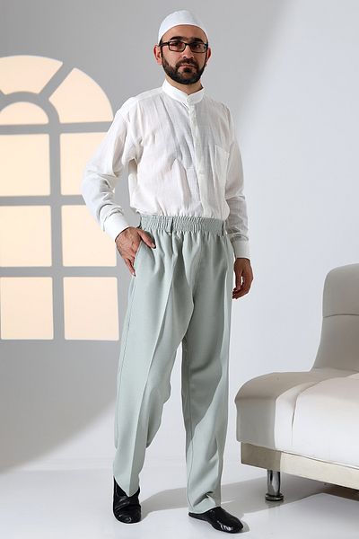 ihvanonline Ανδρικό υφασμάτινο φαρδύ παντελόνι Casual Cut με ελαστική μέση με τσέπες Hajj & Umrah - Water Green (ISR)