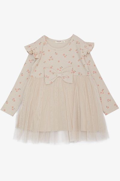 Breeze Girl's Long Sleeve Dress Floral Print Frilly Bow Age 3-7 Beige