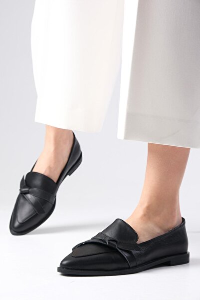Mio Gusto Ezra Hakiki Deri Siyah Kadın Loafer Günlük Düz Ayakkabı
