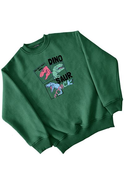 Vtklmn Vatkalimon Kids Зелен суитшърт с щампа Dinosour Attack за момиче и момче