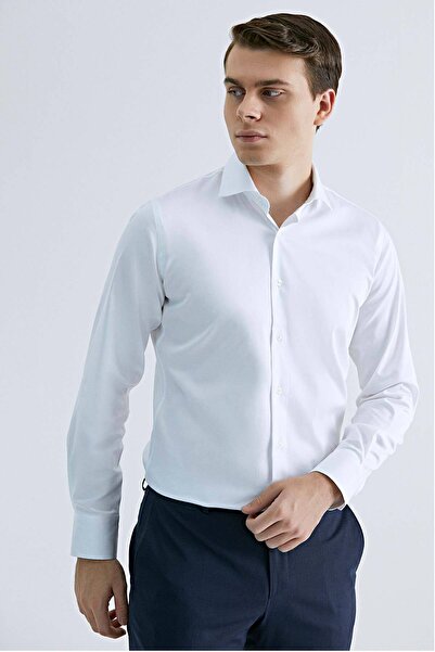 D'S Damat Ds Damat Slim Fit White Plain Cotton Satin Shirt