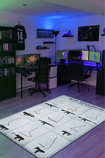 Homshtag Recoil Beyaz Renk Oyuncu Halı Açık Renk Gamer Temalı Halı Counter St...