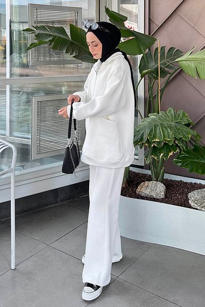 lamelif White Three Thread Half Zipper Suit