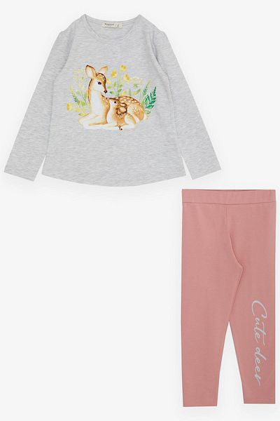 Breeze Girl's Tights Set Love Themed Mother & Baby Gazelle Printed 2-6 Years, Light Gray Melange