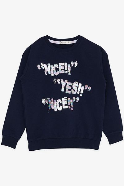 Breeze Суитшърт за момиче с пайети и текст, 8-14 години, тъмносин