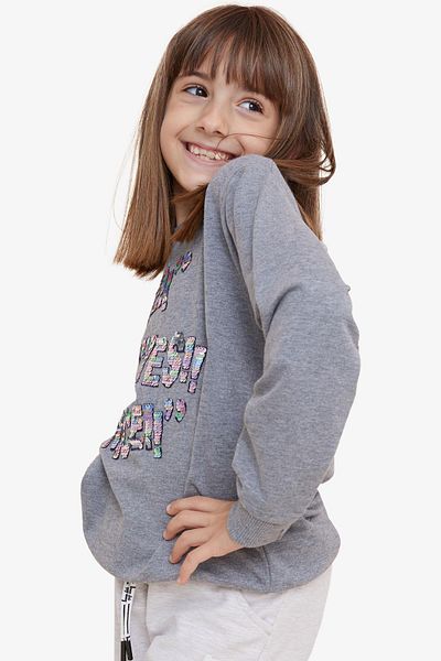 Breeze Girl's Sweatshirt Sequined Text Printed 8-14 Years, Dark Gray Melange