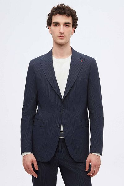 Twn Slim Fit Navy Blue Stripe Print Suit