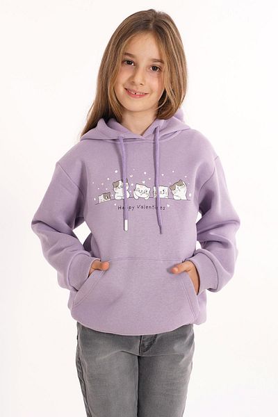 zepkids Cat Printed Kangaroo Pocket Powder Lilac Color Girl's Hooded Sweatshirt