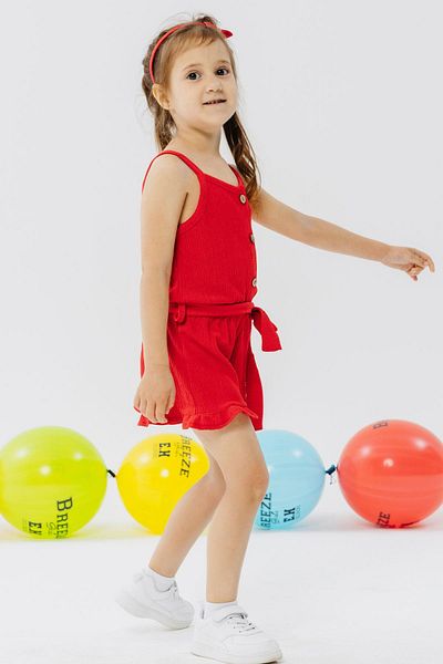 Breeze Girl's Jumpsuit with Shorts Buttoned Belted Waist 4-9 Years, Red